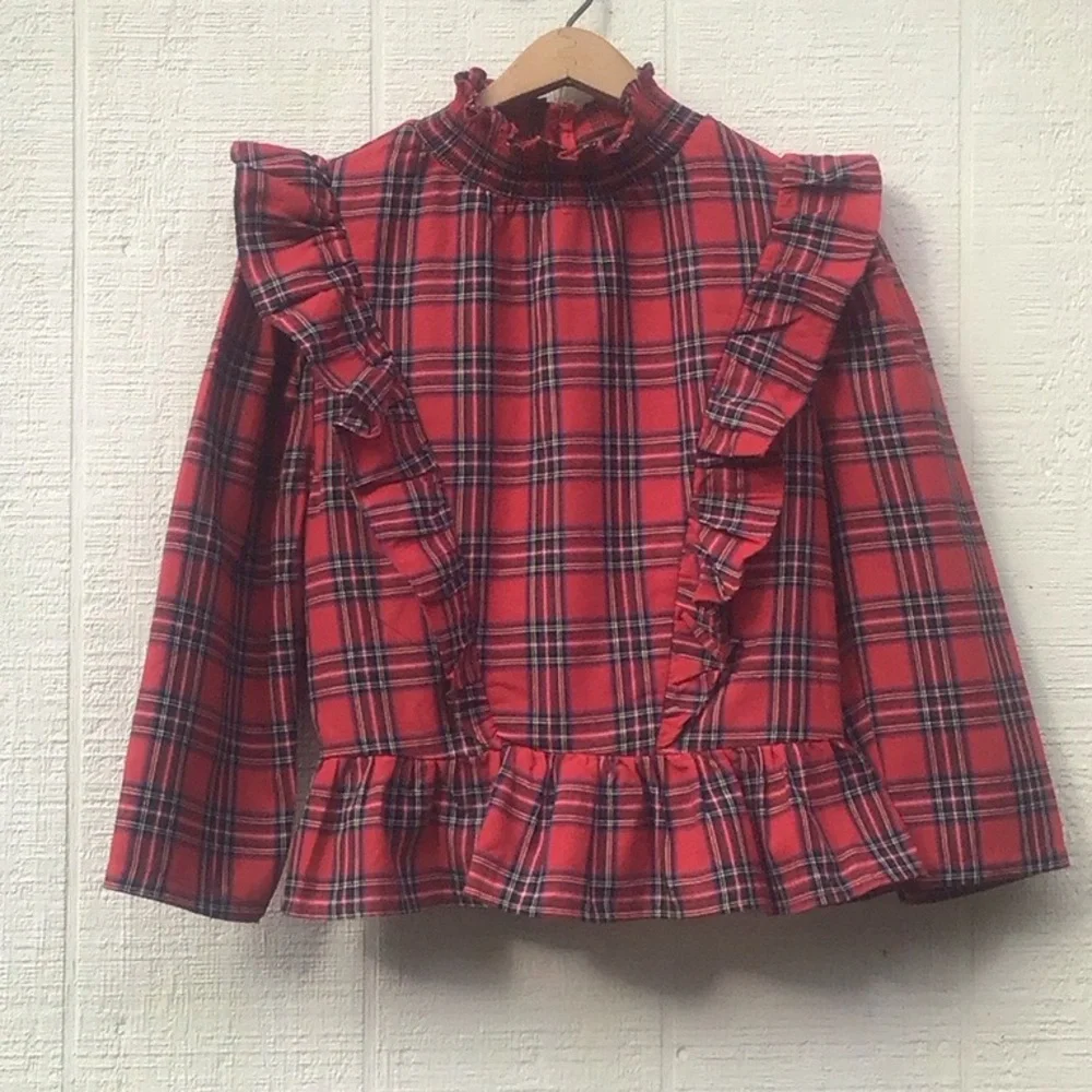 English Factory tartan ruffle blouse